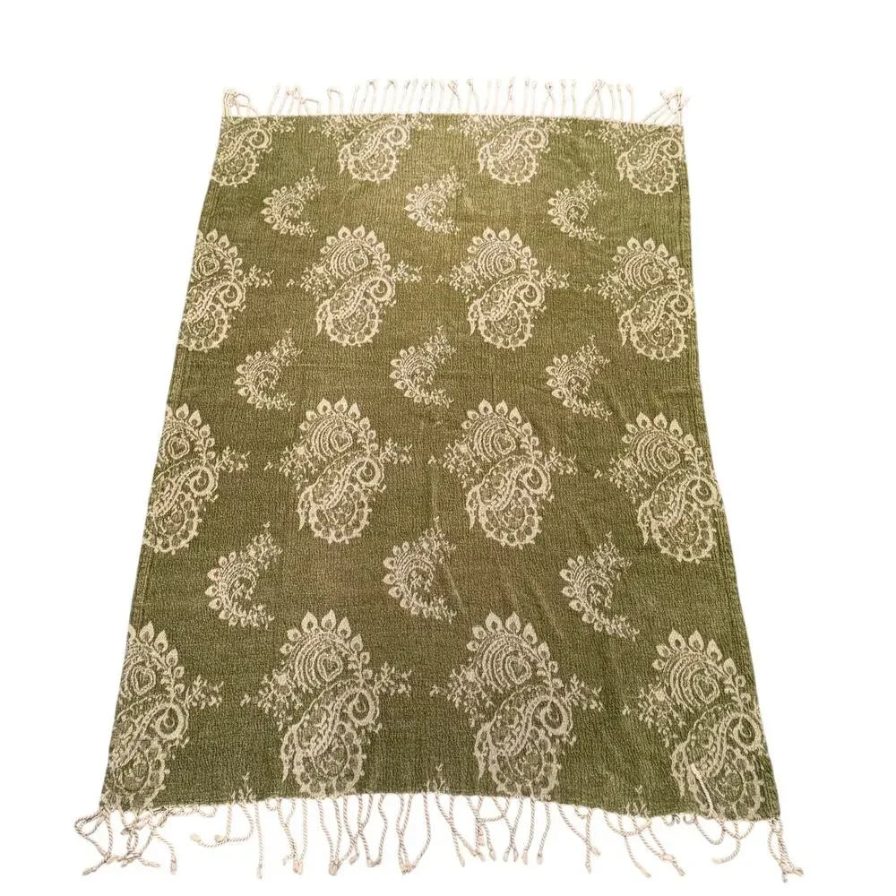 Calzeat of Scotland Olive Green Paisley Fringe 45x60 Throw Blanket Cozy Luxe